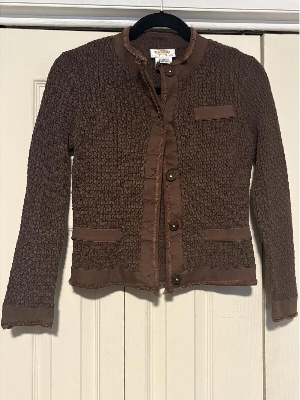 Talbots Textured Knit Cardigan Jacket 0P Petite Brown Frayed Trim Quiet Luxury